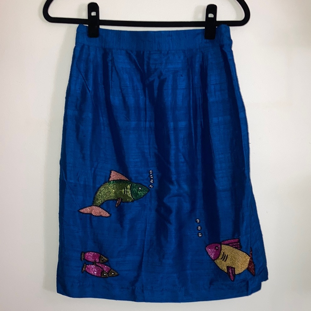 Vintage Blue Beaded Embroidered Fish Silk Art Midi Pencil Skirt Medium